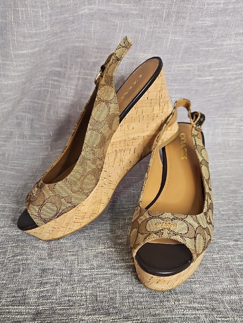 Coach Signature Canvas Cork Platform Wedges - Gold/Black